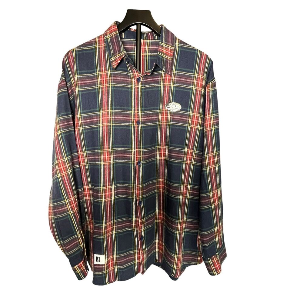 Ace Reaper Shop Mens Plaid Flannel Shirt XL Navy Red Long Sleeve Button Up
